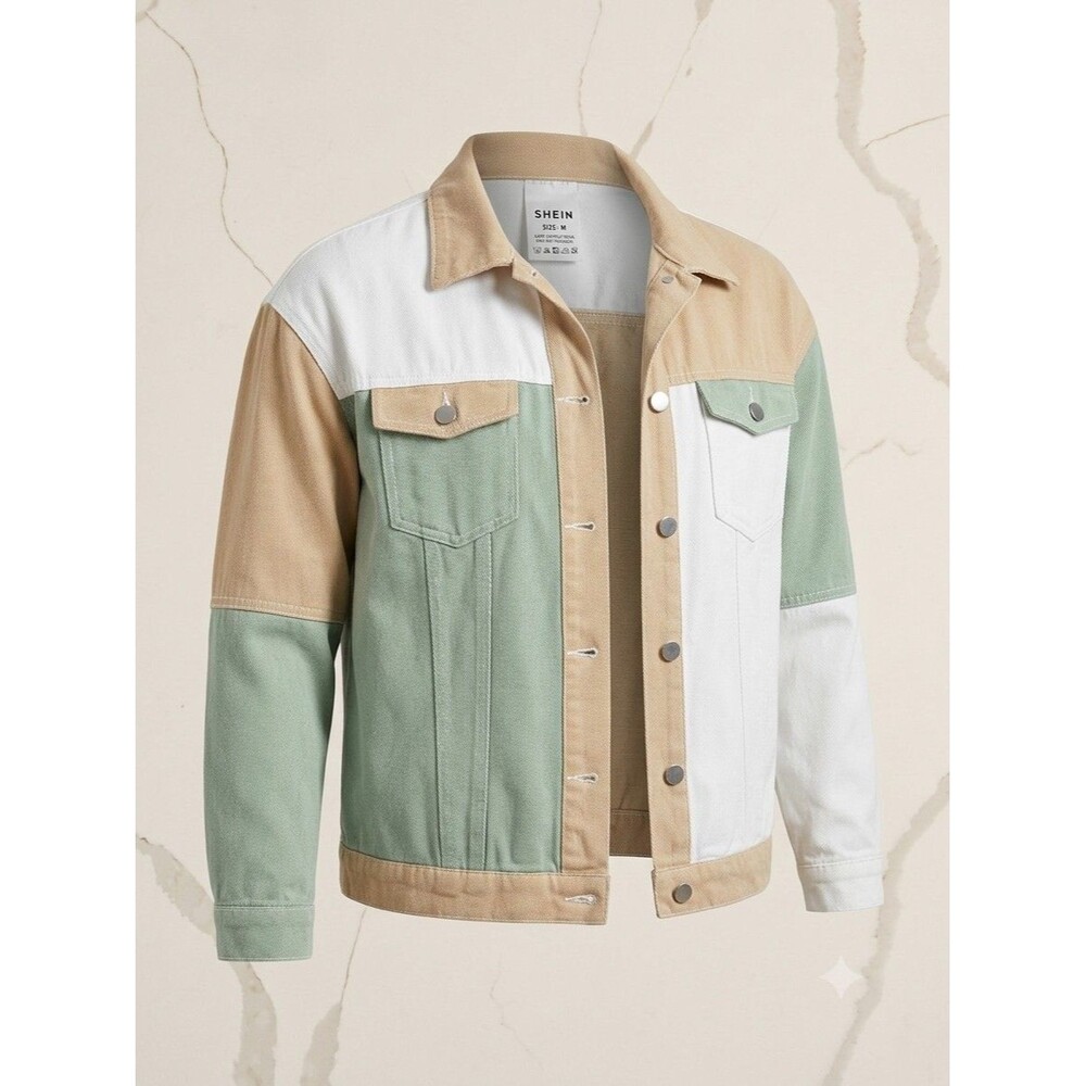 SHEIN Colorblock Corduroy Medium Denim Patchwork Jacket Tan Blue White Women